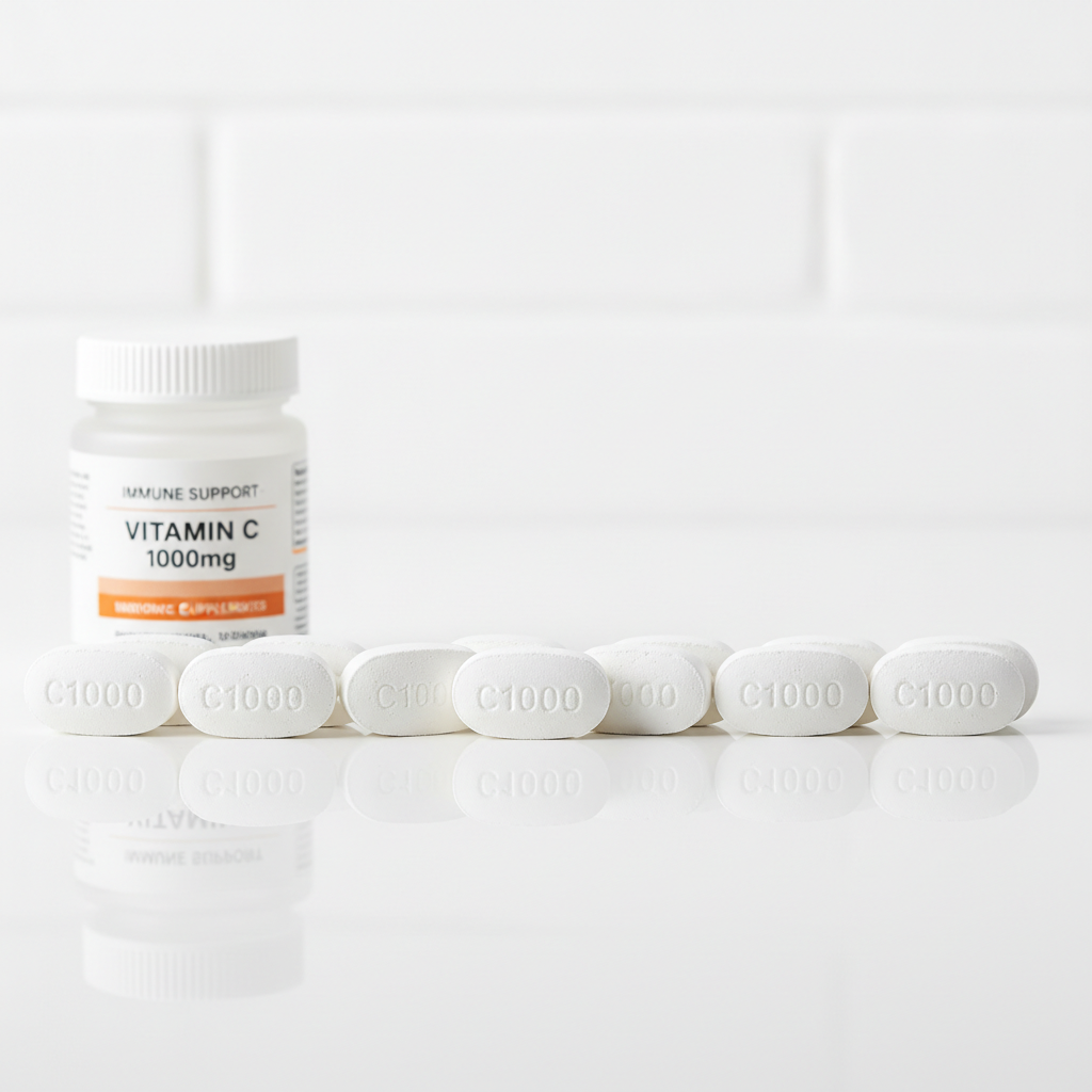 Comprimés blancs de vitamine K2 sur surface propre lumineuse