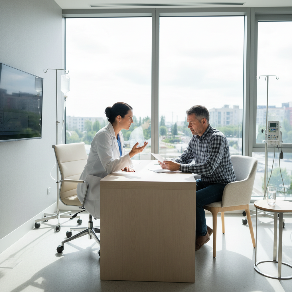 Healthcare worker in white coat consulting with a patient in a modern clinic