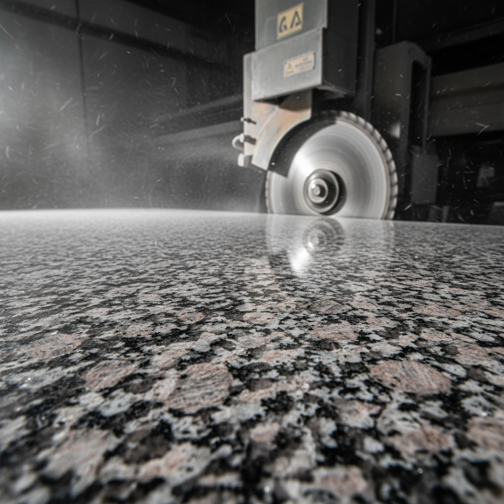 Freshly cut granite slab on workshop table with visible crystal structure catching directional light, diamond-blade saw blurred in background, stone dust suspended in air