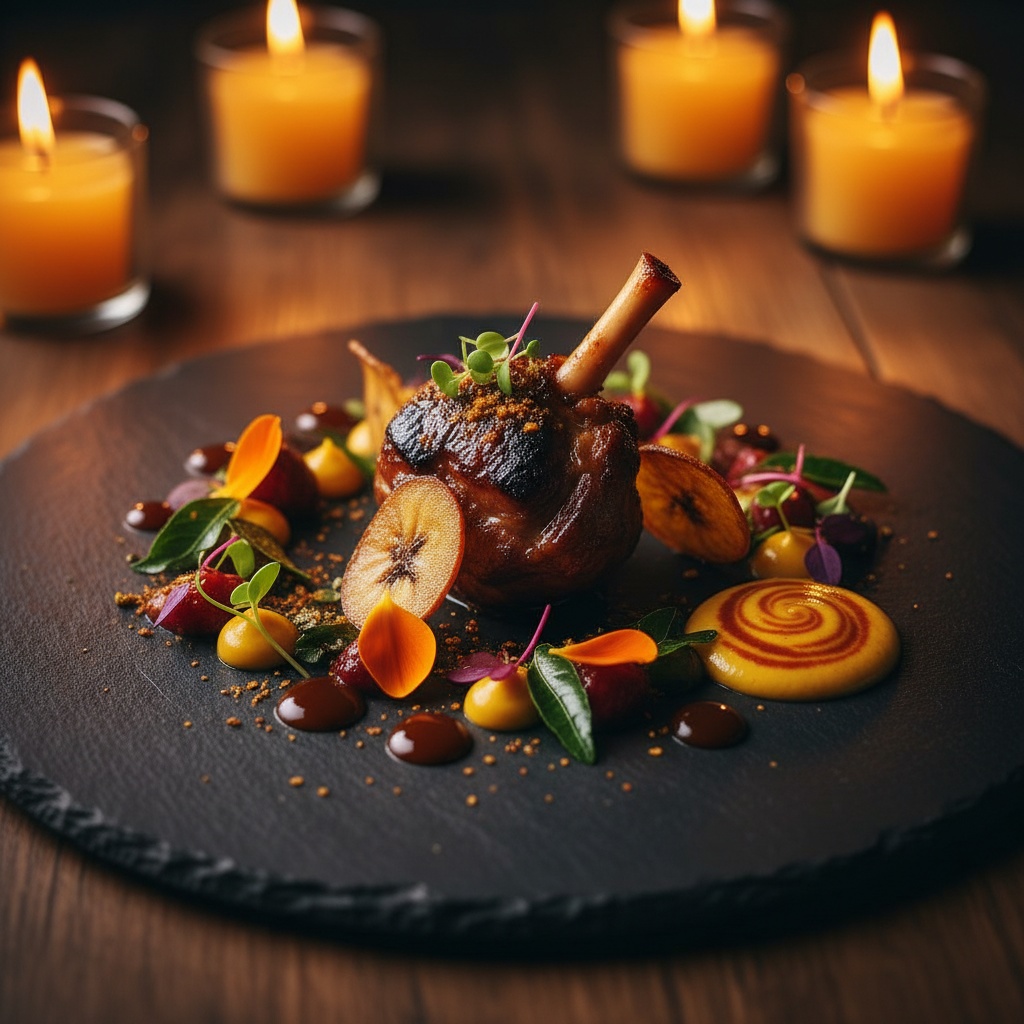 Artfully plated gourmet dish with dark moody atmosphere, dramatic low-key lighting on slate surface