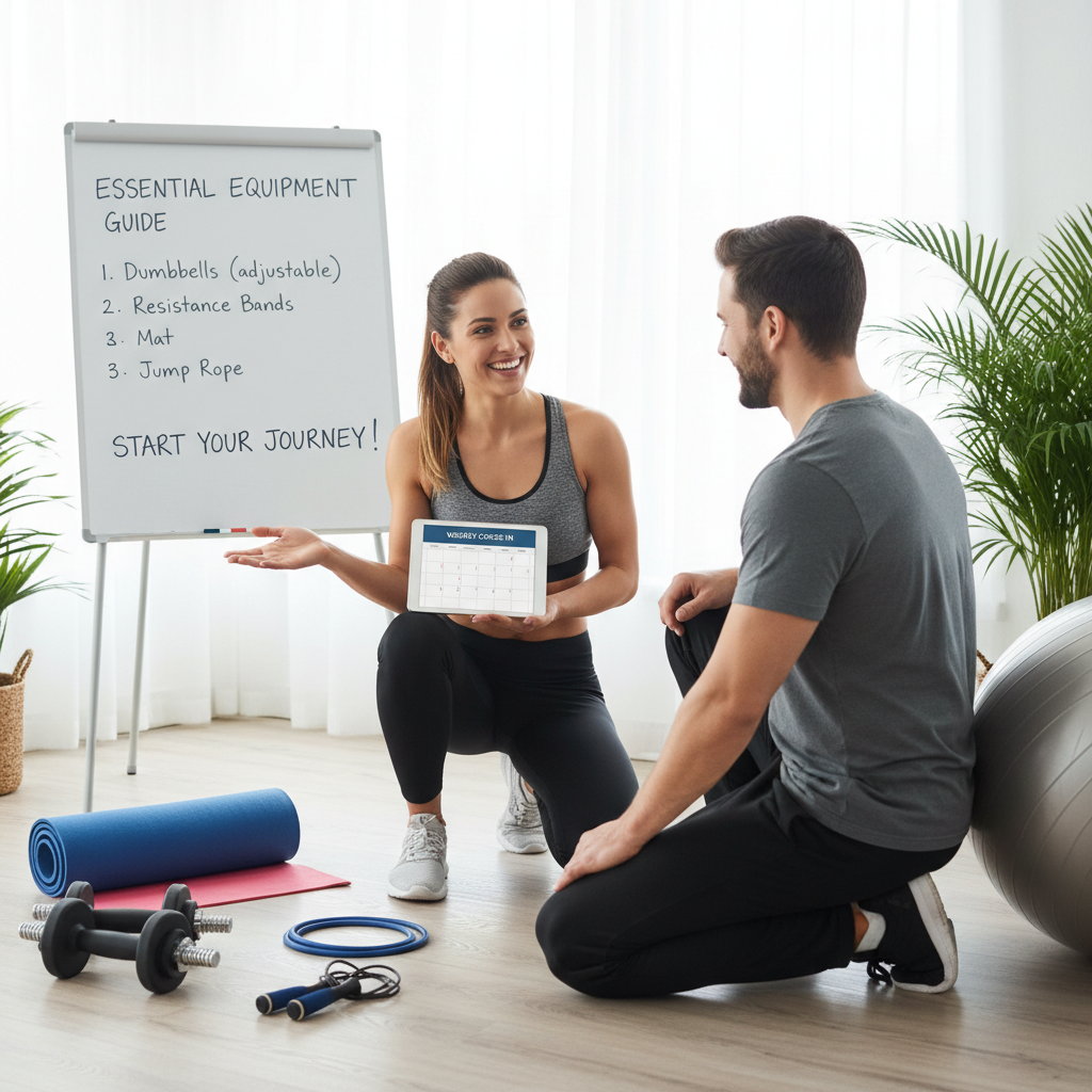 Athletic coach reviewing training notes with a new client in a gym setting, professional and welcoming