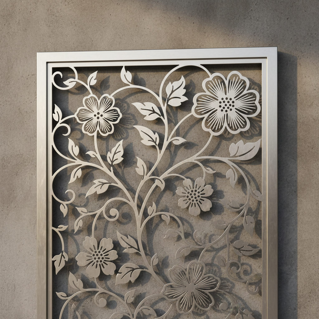 Panel dekoratif laser cutting motif bunga stainless steel
