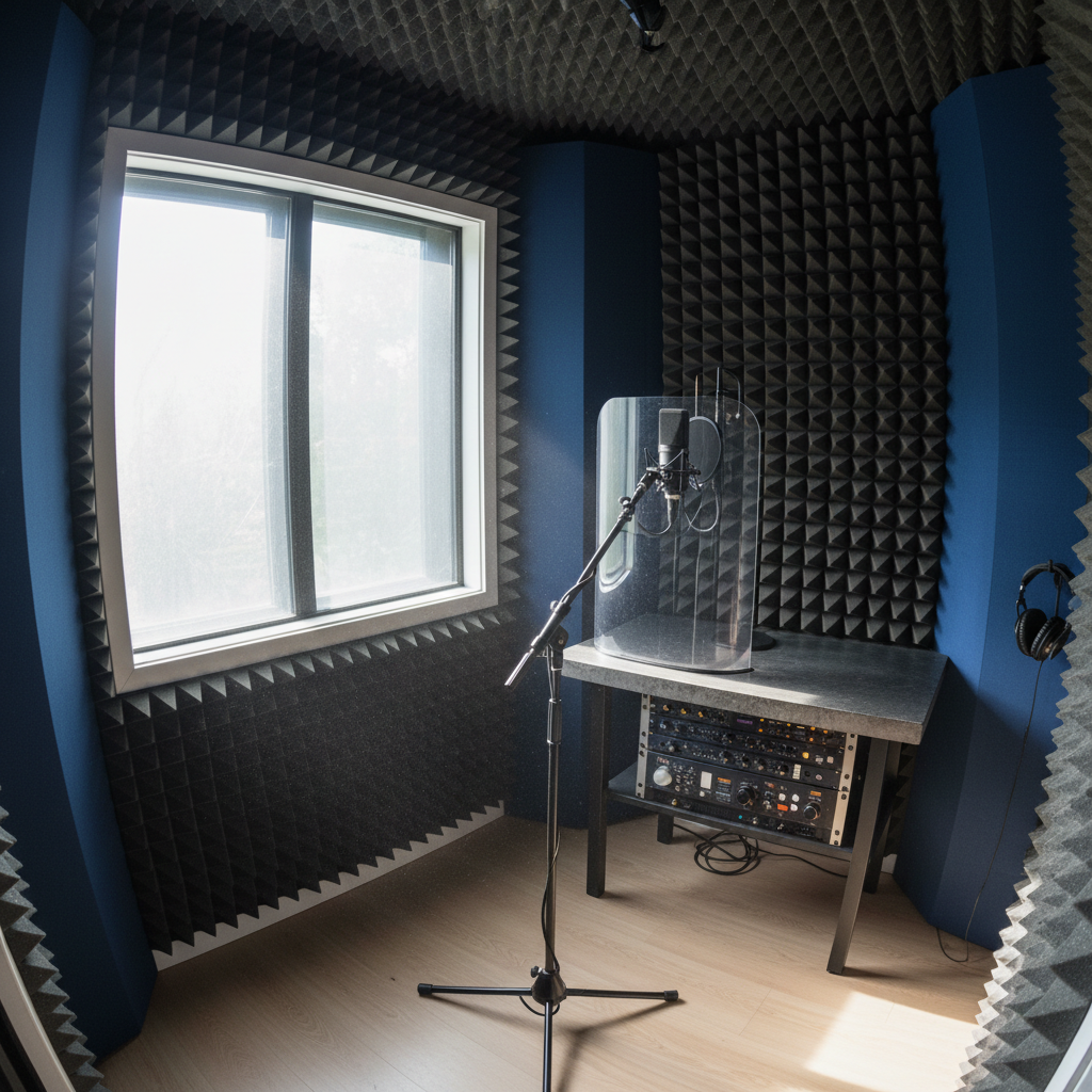 Cabine d enregistrement professionnelle avec traitement acoustique et micro haut de gamme