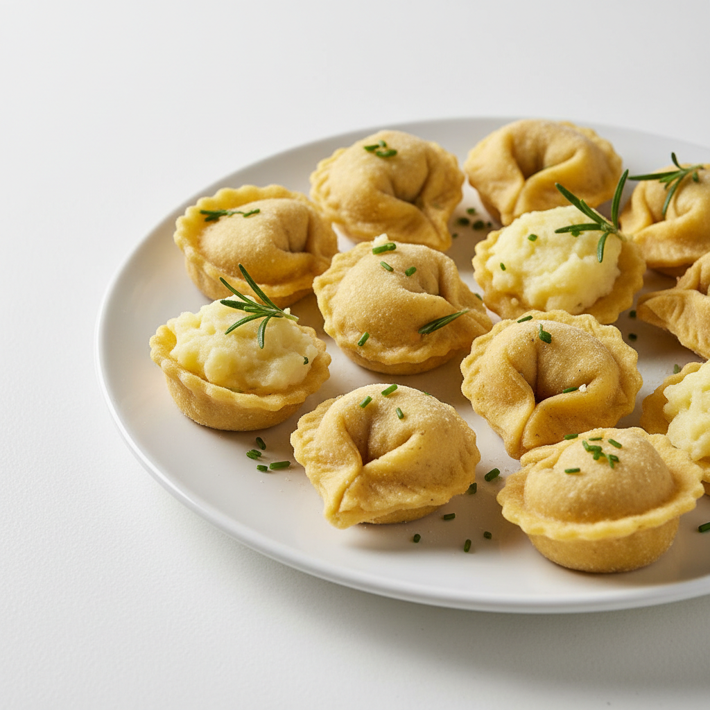 Handmade hat-shaped pasta dumplings with potato filling on a white plate with herbs