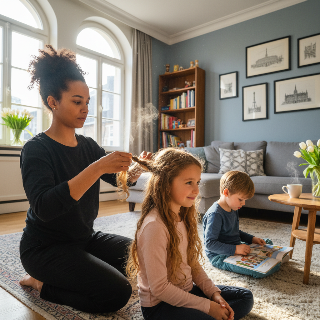 Tresses douces pour enfants à domicile à Bruxelles et en Belgique — coiffeuse patiente pour enfants par Antwerpen Braider