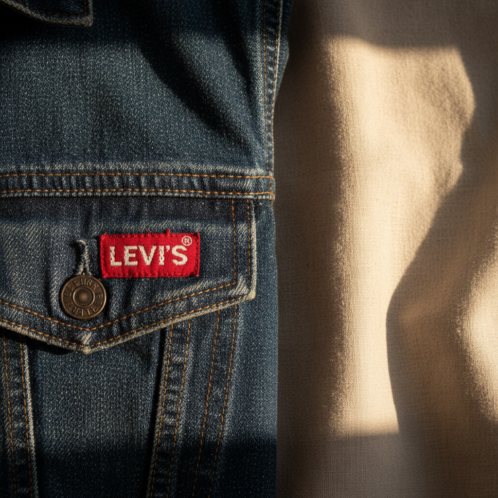 Close-up of red Big E tab on vintage Levi's denim jacket in afternoon light