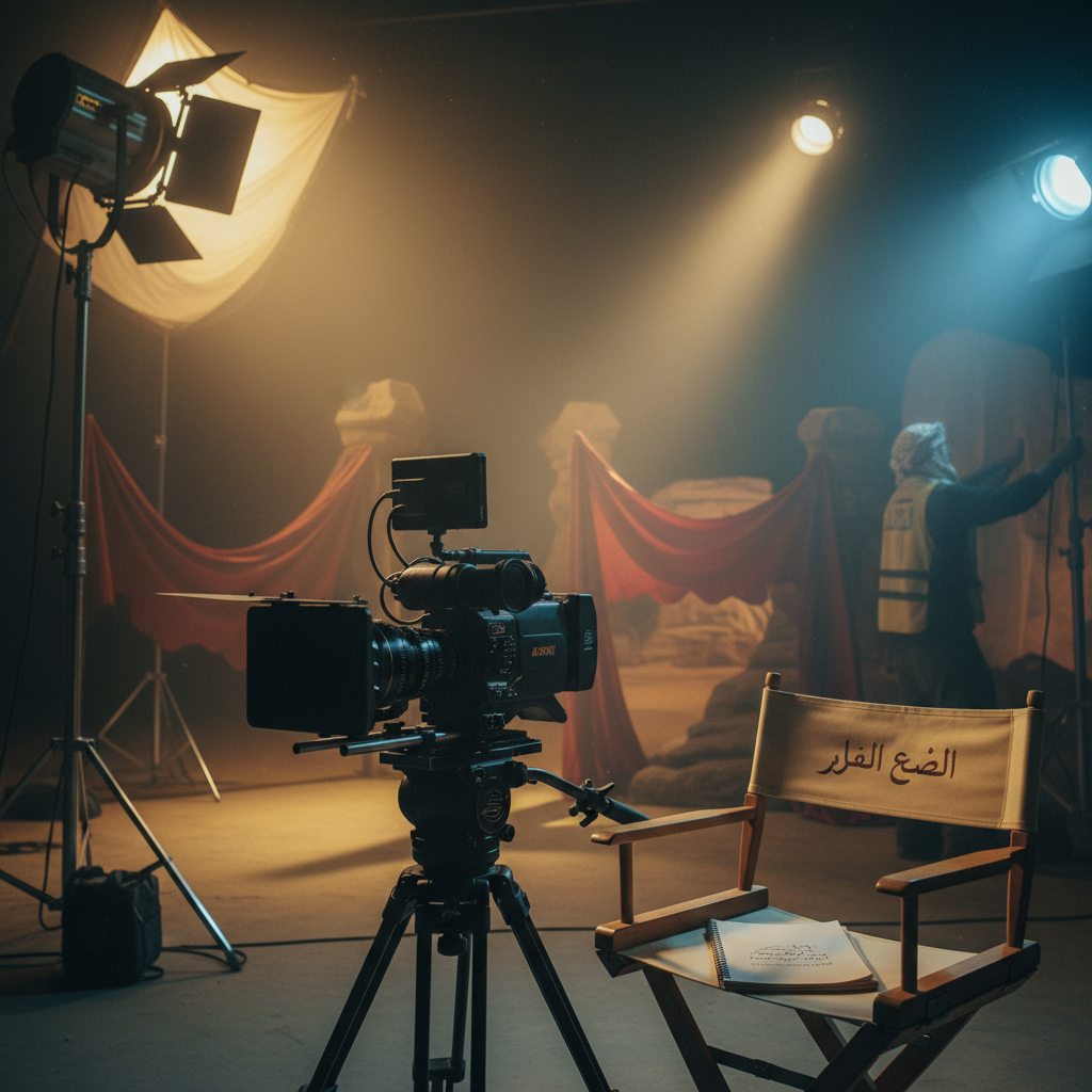Film director on set with cinematic lighting and camera equipment in background