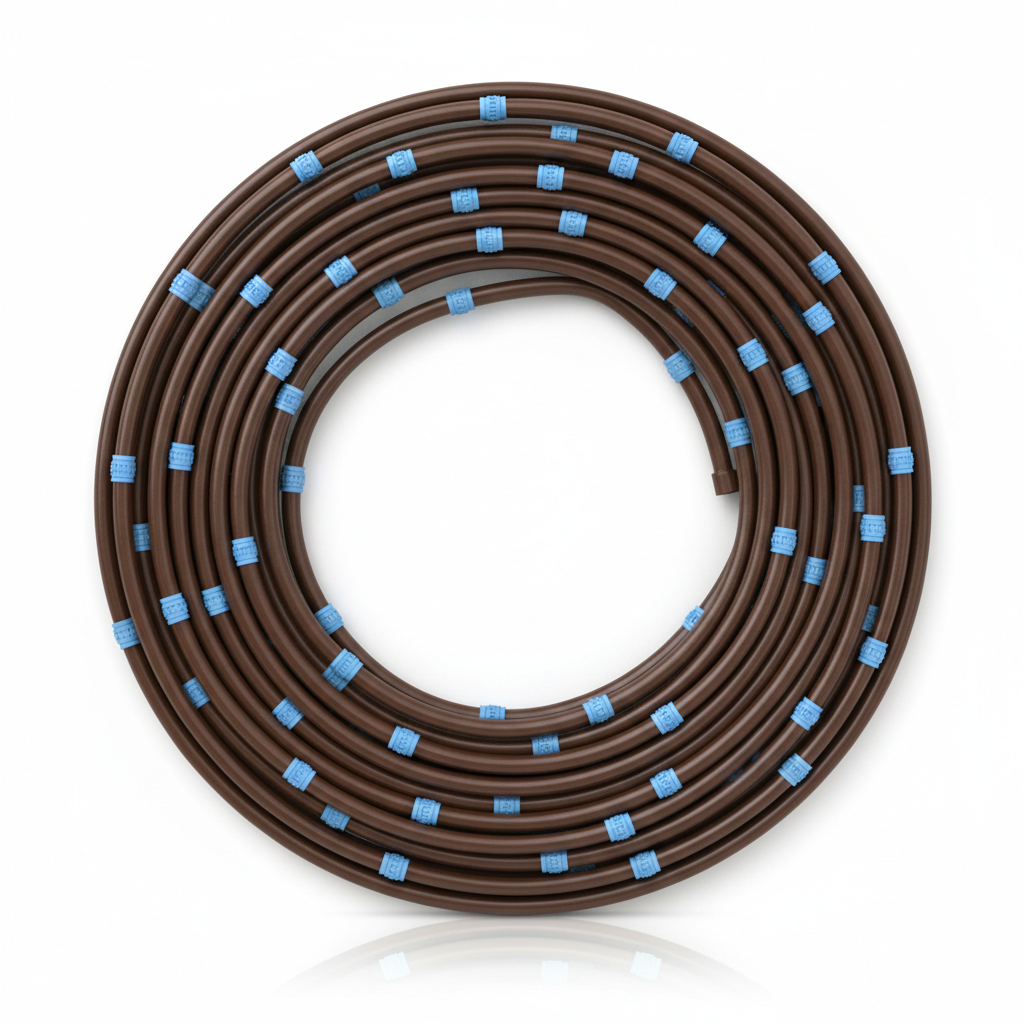 Drip irrigation emitter line coiled neatly, bright product photography on white background