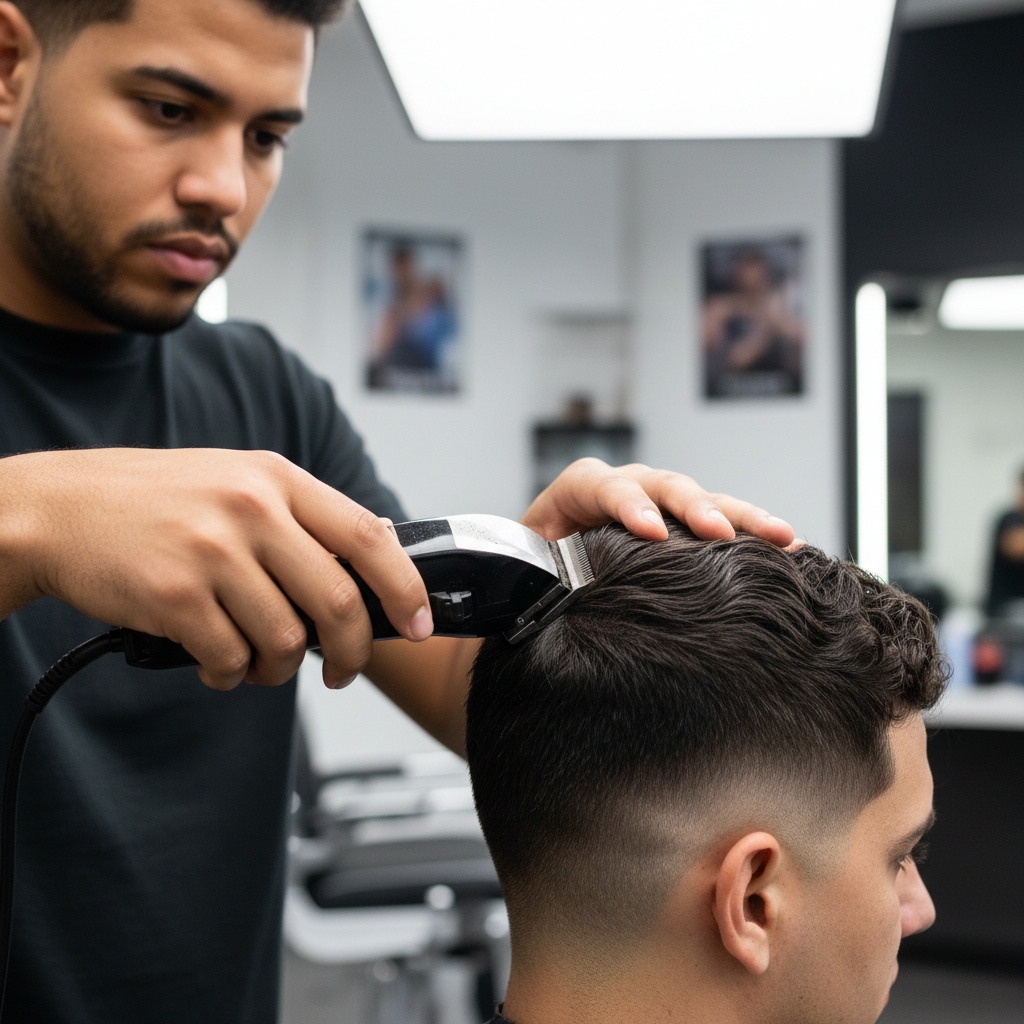 Barber student confidently working on client fade with clippers