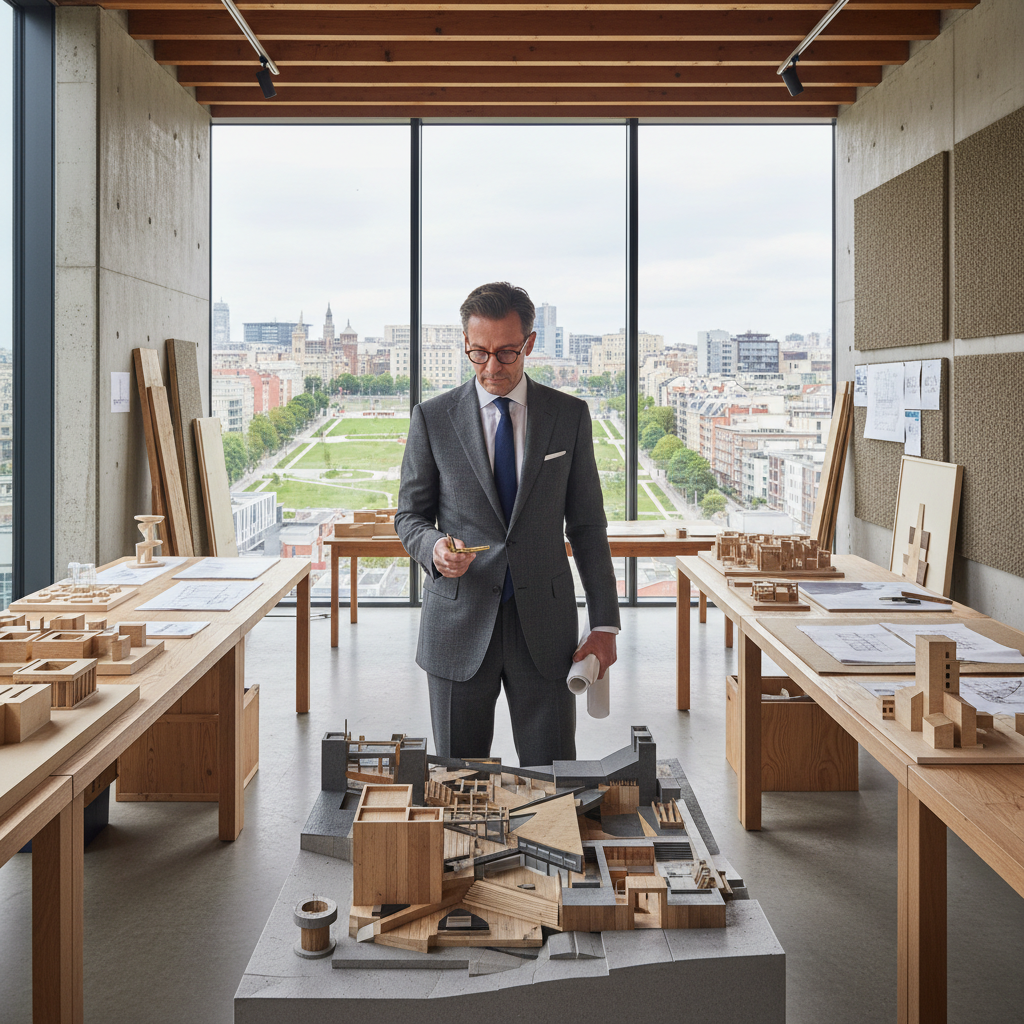 James Okafor, design director at ArchStudio, reviewing architectural models on a white table in a bright studio