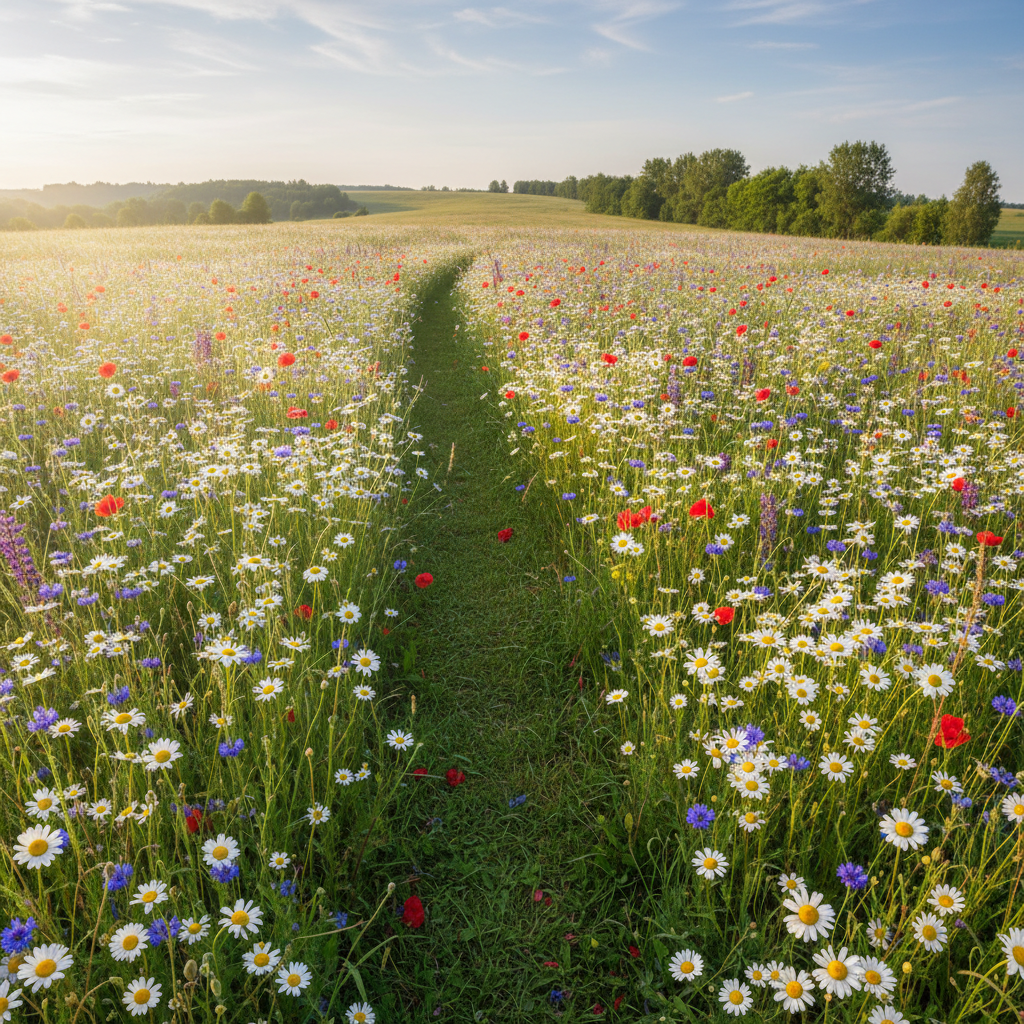 Wildflower meadow in full bloom with winding mown path through ox-eye daisies at Wander Devon