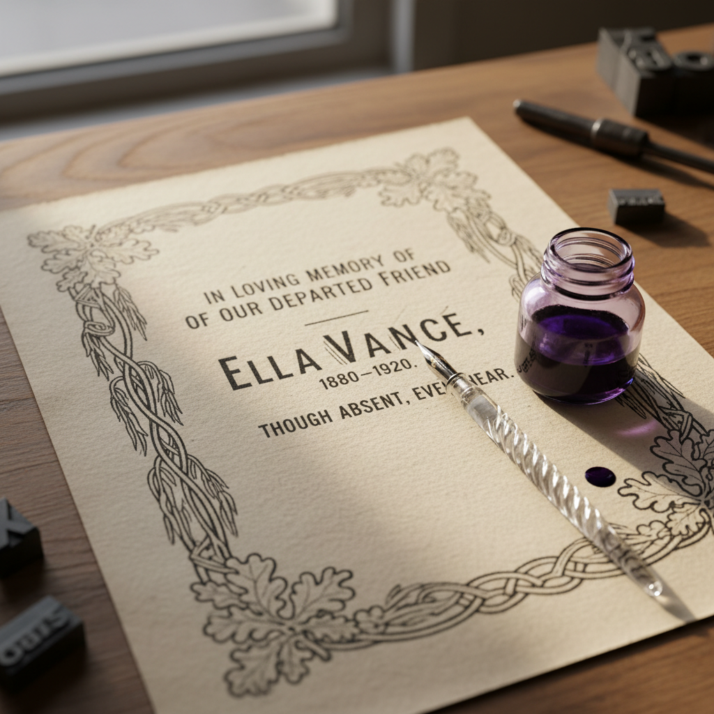 Memorial broadside on letterpress worktable with glass nib and violet ink well, shot from above