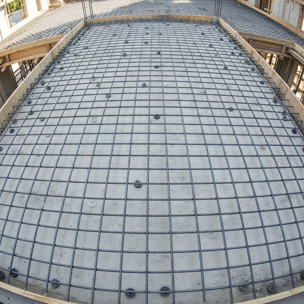 Grid of steel reinforcement bars laid precisely for concrete slab, bright construction lighting, clean industrial arrangement
