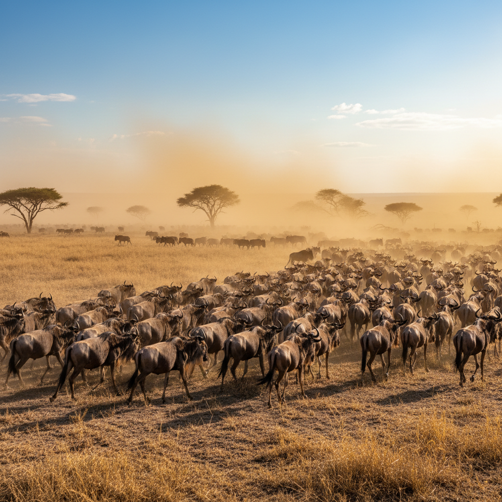 Wildebeest migration across dusty African savanna, dark atmospheric sky, dim dramatic light