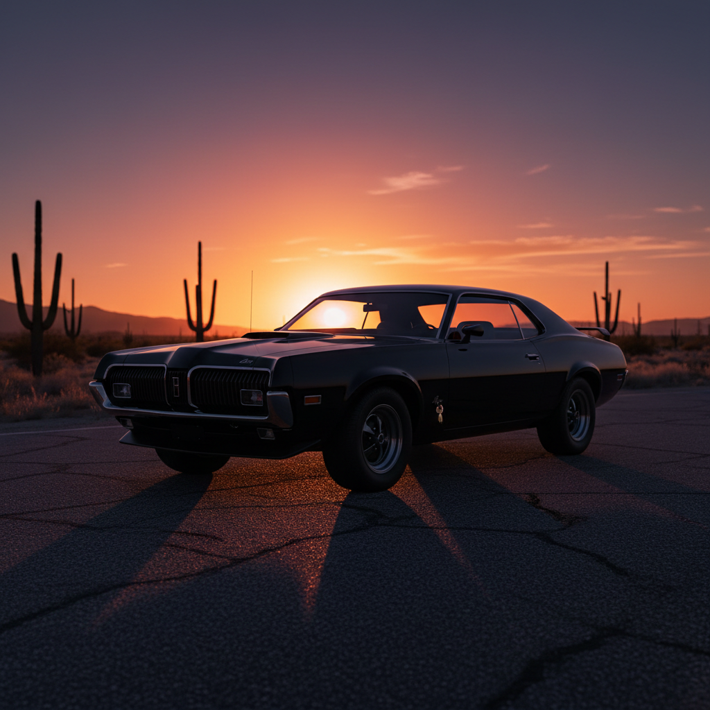 Classic muscle car in golden afternoon light on empty desert highway