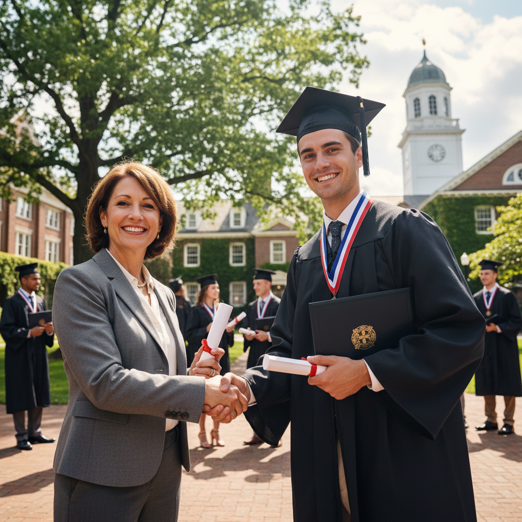 Confident mentor shaking hands with satisfied student after successful course completion