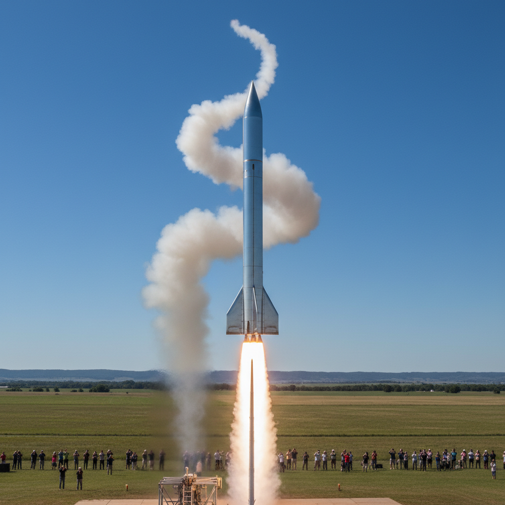 Vintage rocket launch, massive white exhaust cloud, dark sky, cinematic historical imagery