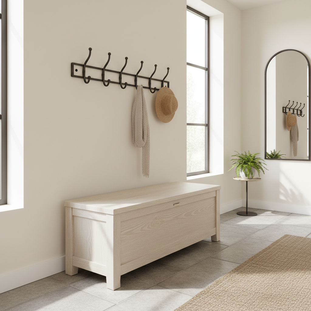 White oak entryway bench with clean simple design, light grain, bright entryway