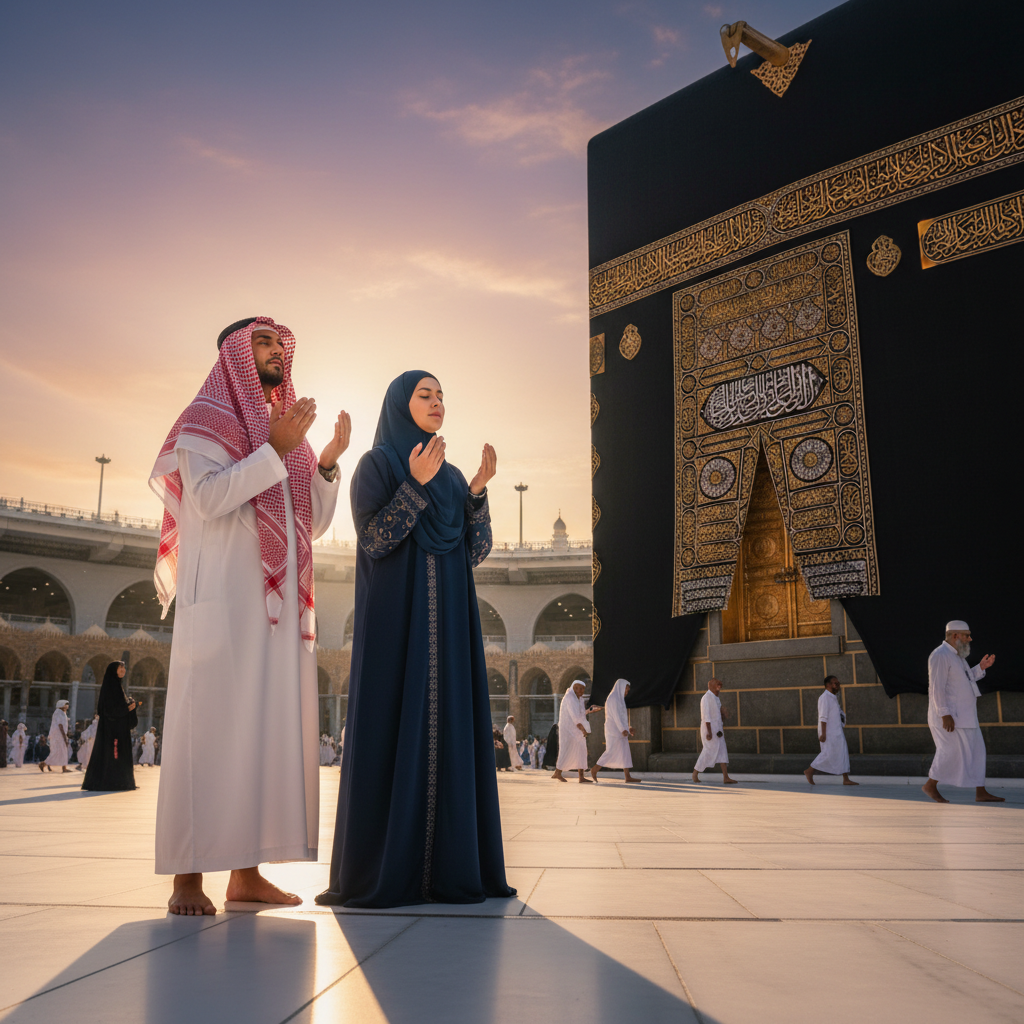 Pasangan suami istri berdoa di depan Ka'bah saat senja