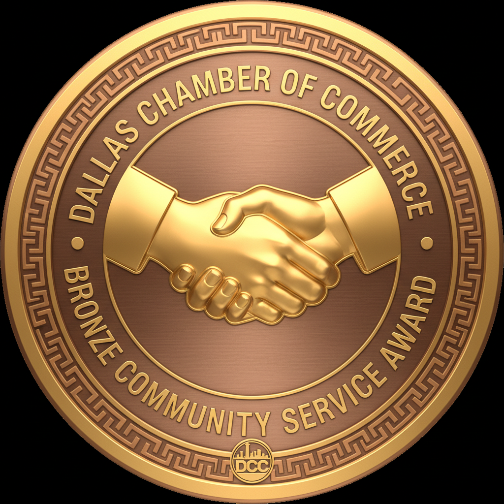 Bronze community service award with Dallas Chamber of Commerce logo and handshake symbol
