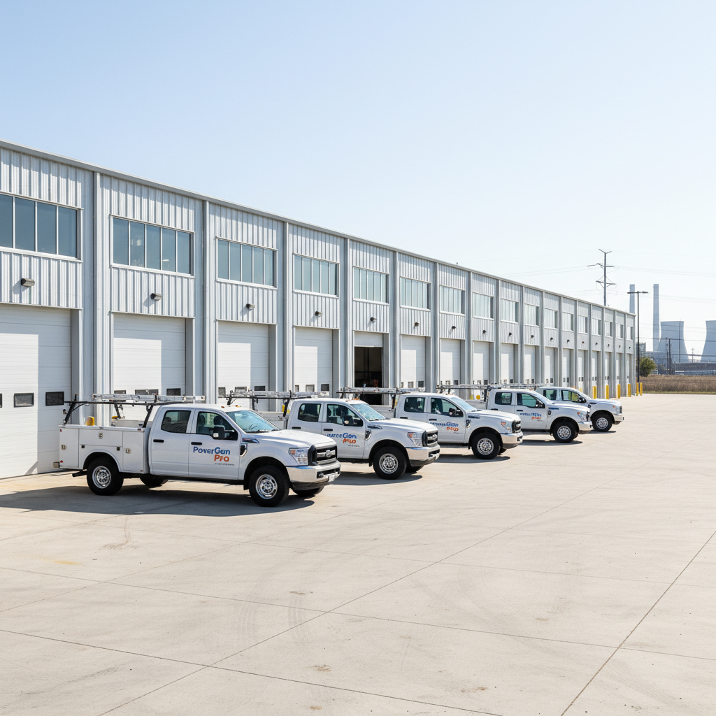 Professional utility trucks and work vehicles from company fleet parked at service facility ready for commercial operations