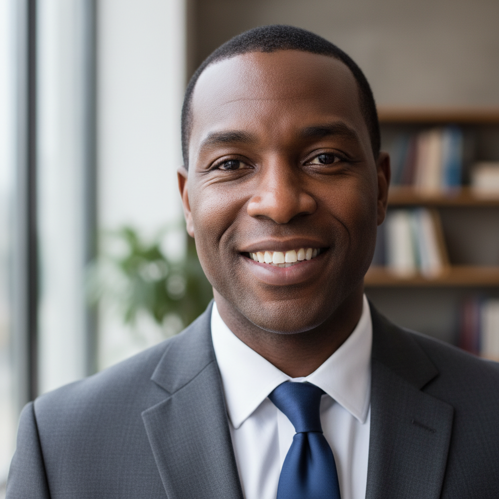 Professional headshot of a South African man in business attire, community setting
