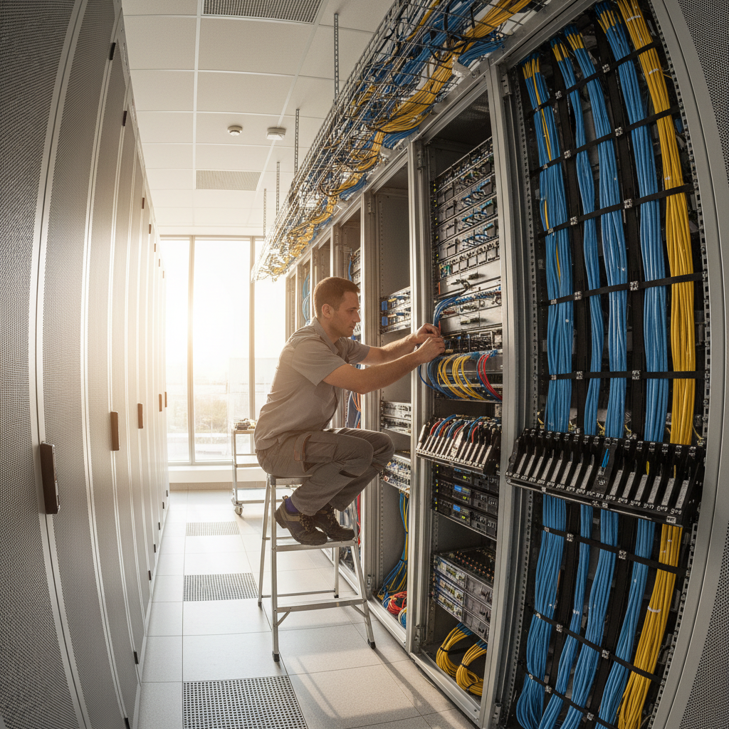 Network engineer installing structured cabling in a commercial building