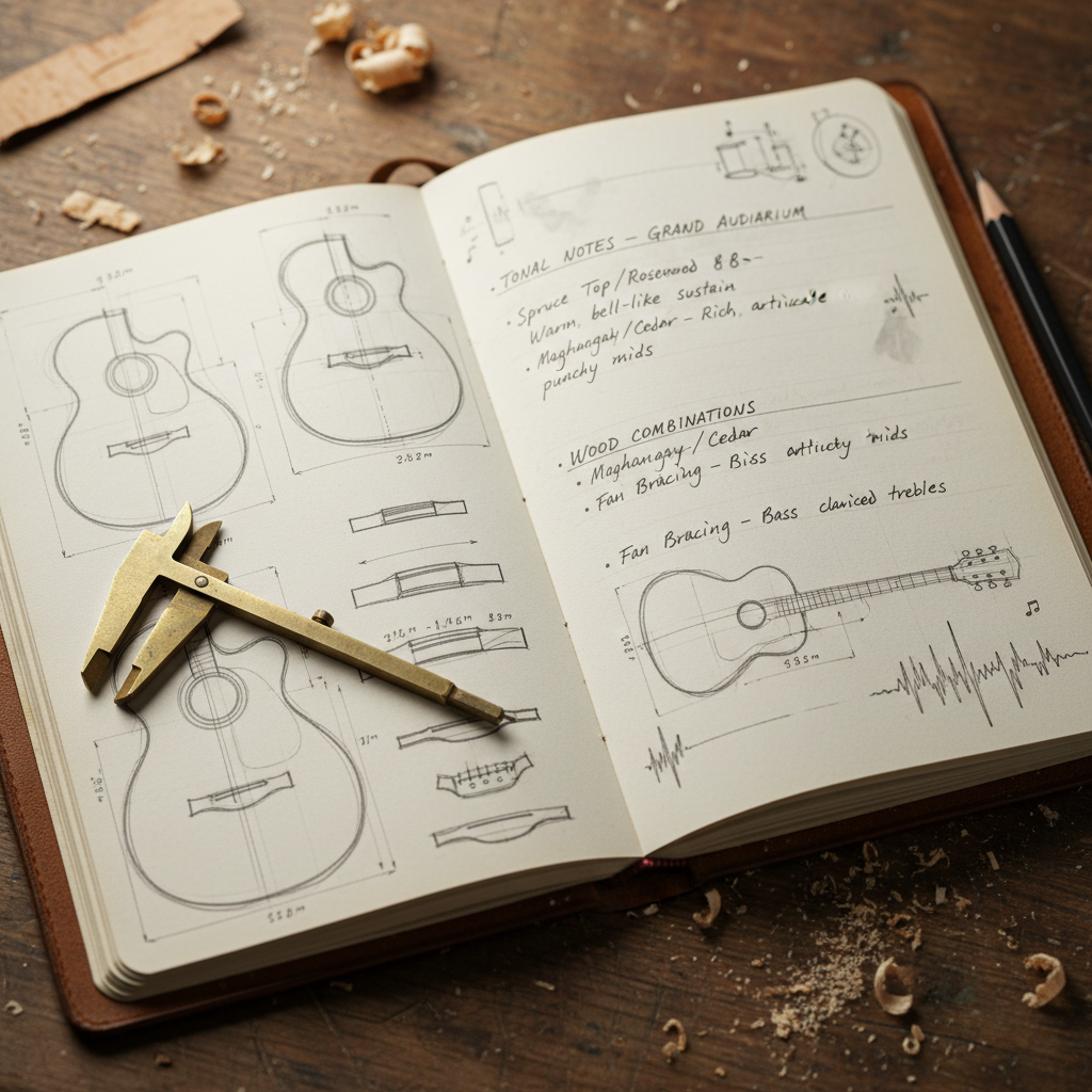 Close-up of a luthier's notebook with hand-drawn guitar body measurements and tonal notes