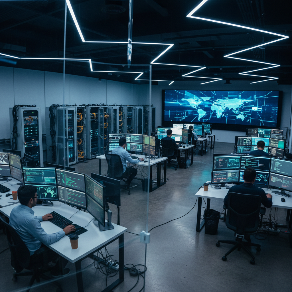 Telecommunications network operations center with engineers monitoring AI-powered network analytics, 5G infrastructure displays, and real-time performance dashboards