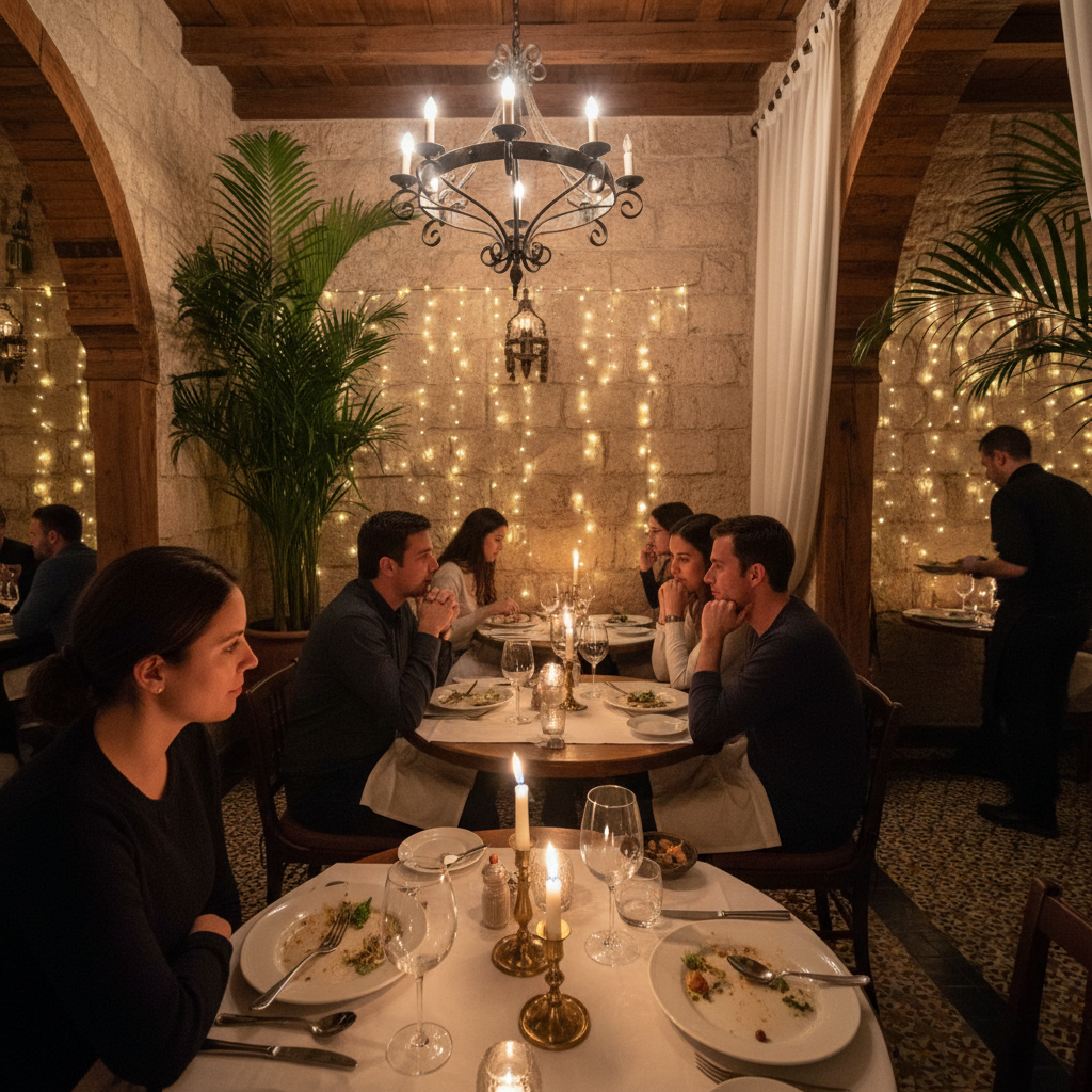 Couples dining at candlelit tables at Vakarienė with warm amber light