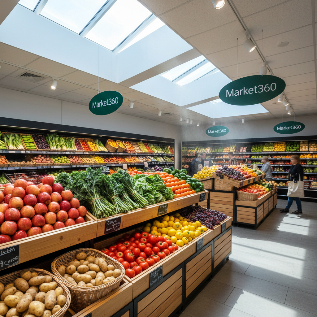 Bright supermarket produce section with colorful fresh fruits and vegetables arranged in well-lit open display cases
