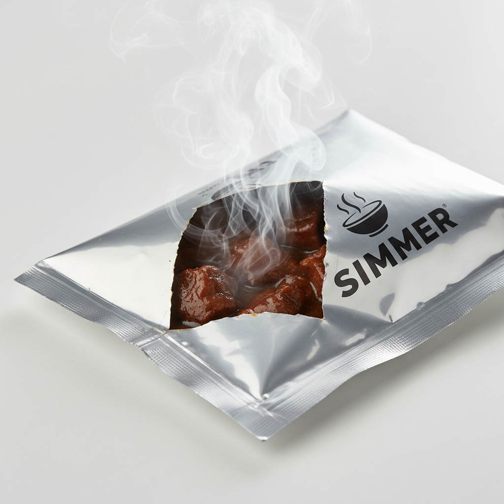 A sealed Simmer pouch being torn open at the corner with steam visibly rising from the braised contents