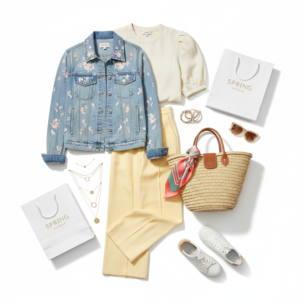 Premium fashion collection featuring stylish clothing and accessories arranged elegantly on a white background