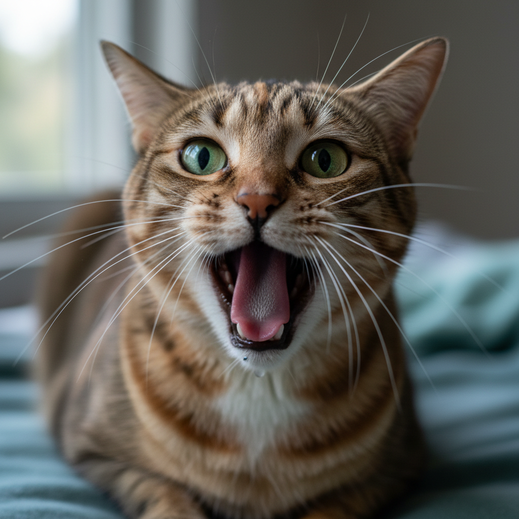 Cat with open mouth showing signs of respiratory distress or labored breathing