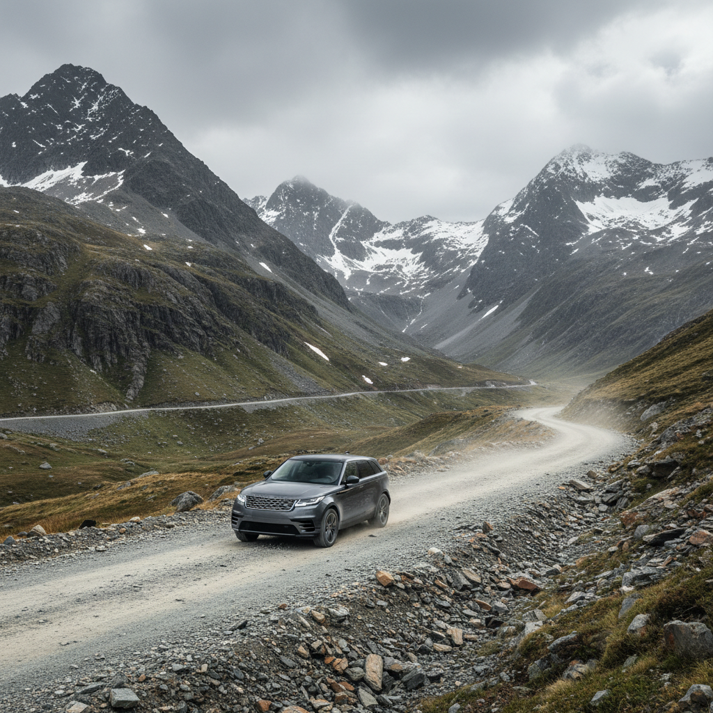 Range Rover Velar on a Highland mountain pass — grey sky, winding single-track road