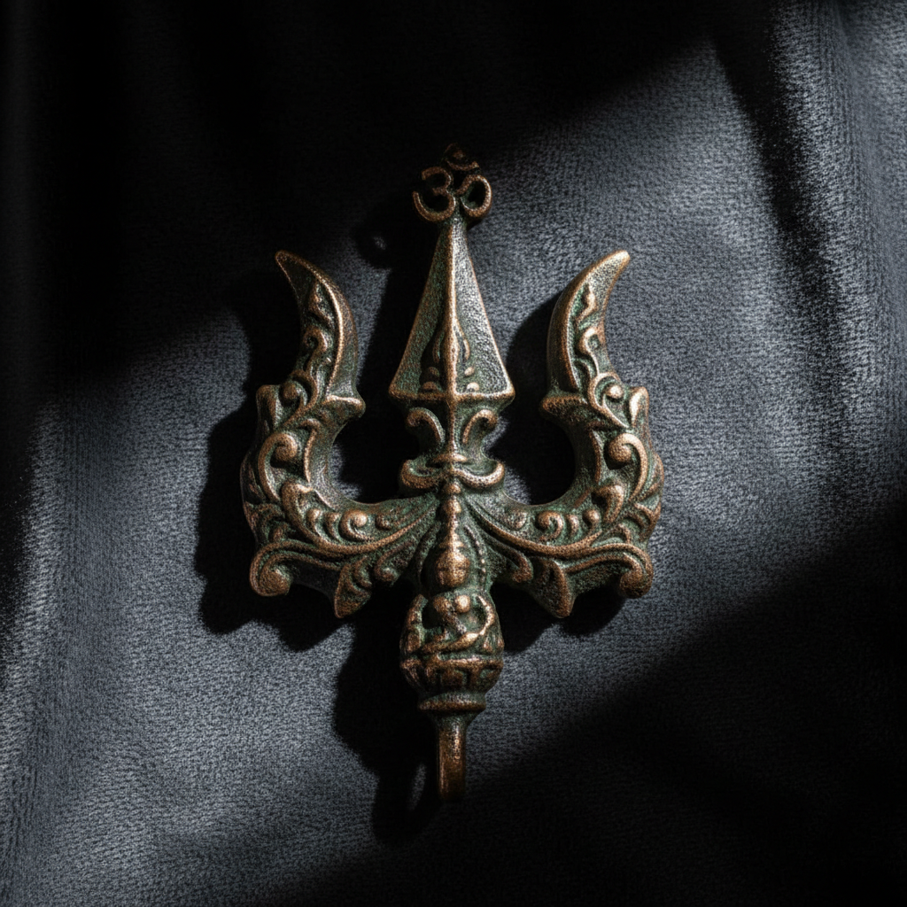 Trishul pendant necklace close-up showing temple bronze detail and antique finish