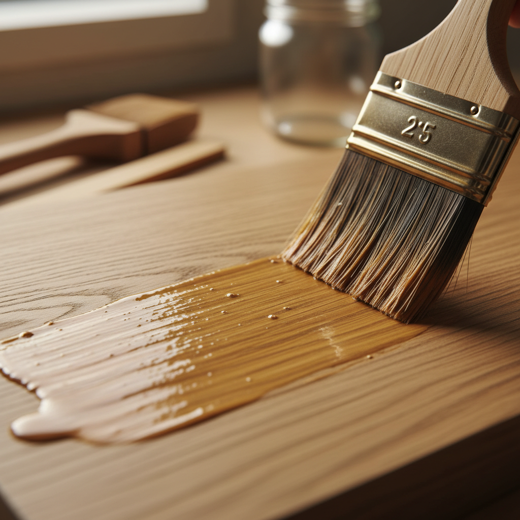 Professional applying finish to a wood surface with careful attention to detail in a residential repair project