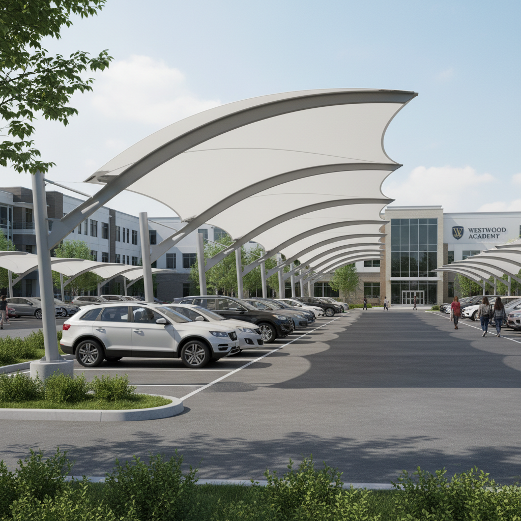 Modern tensile car parking shade structure covering vehicles