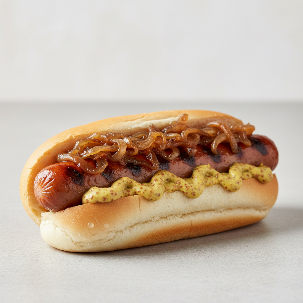 Classic Frank hot dog with stone-ground mustard on a toasted bun