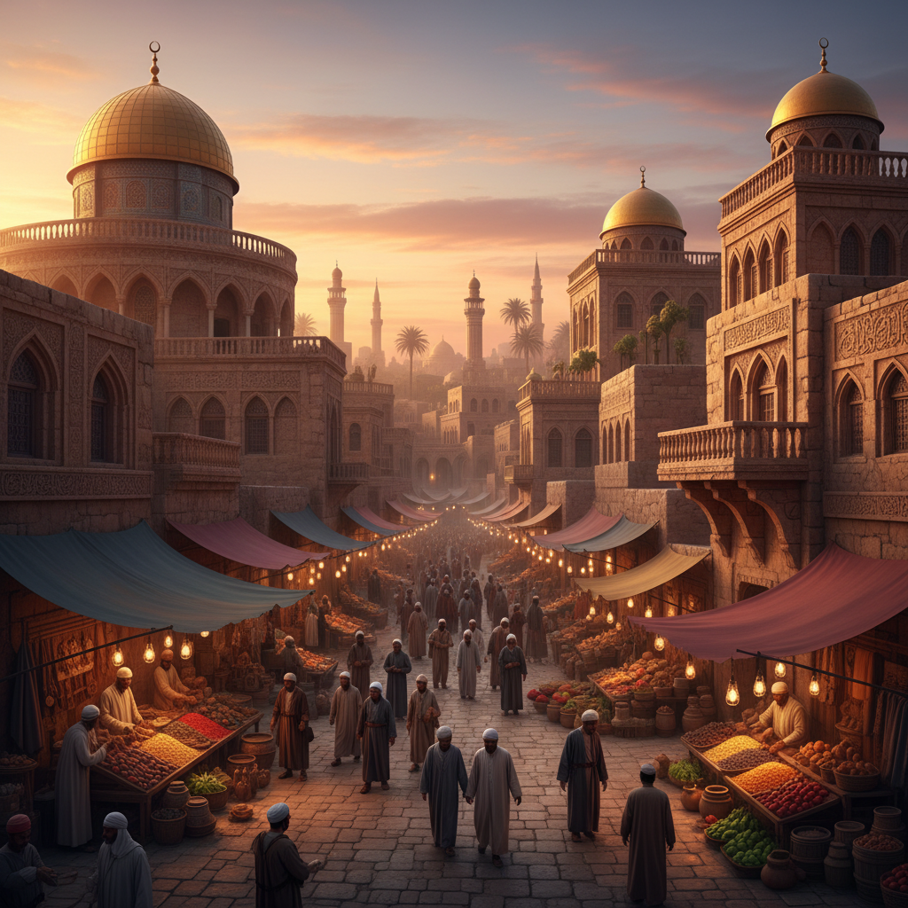 Marrakech medina with traditional Moroccan architecture and colorful souks at golden hour