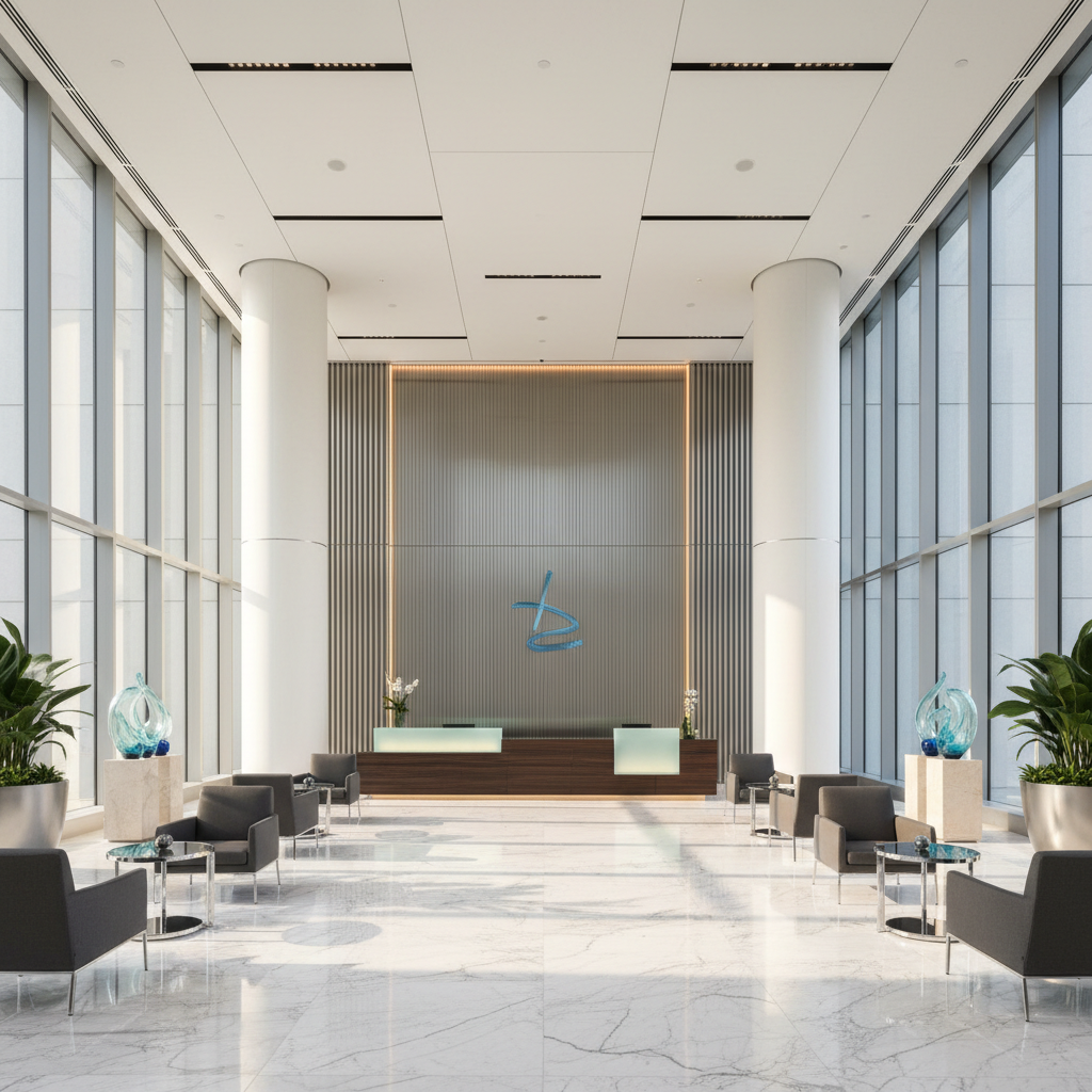 Modern Class A office building lobby with marble floors and high ceilings showing premium property management