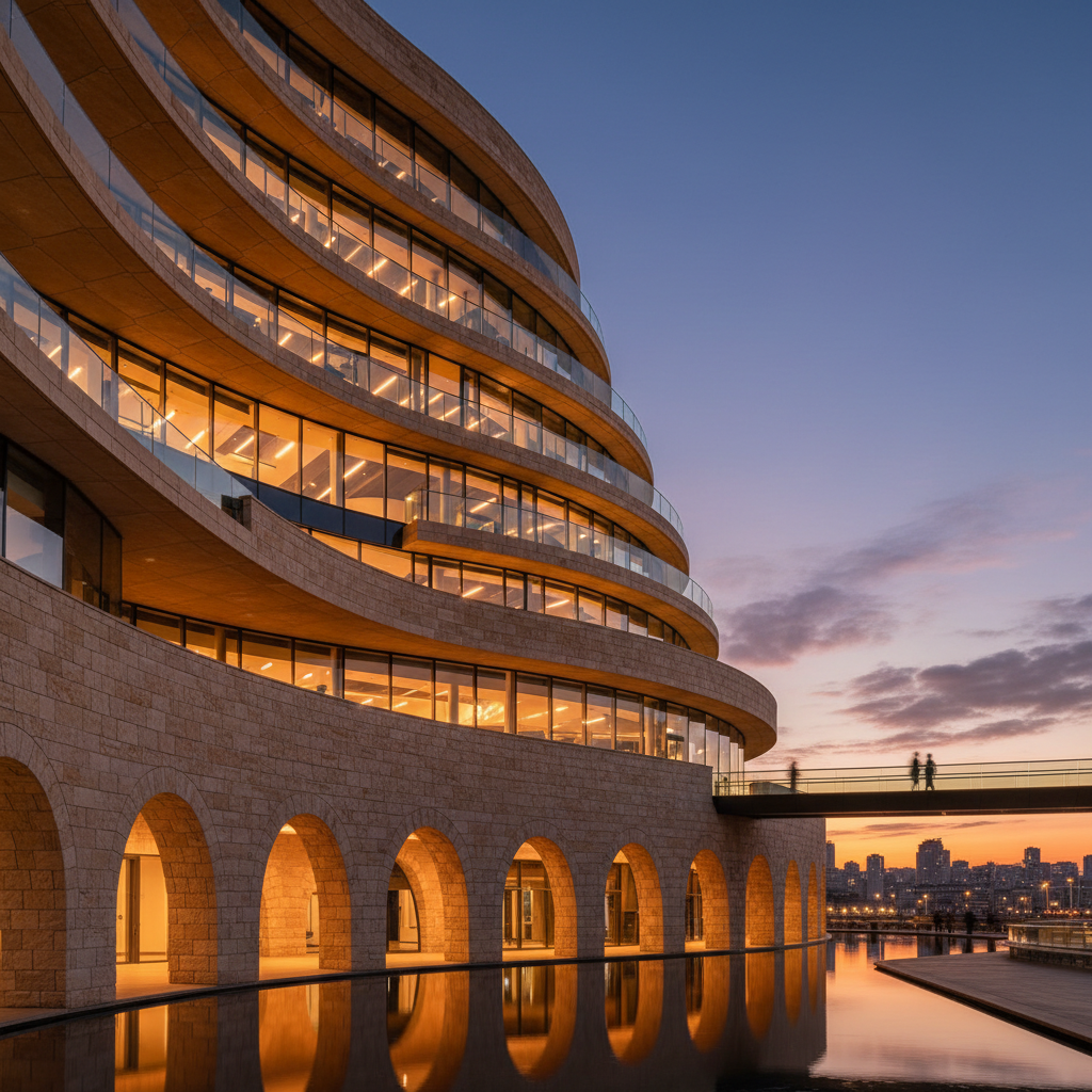 Sweeping architectural facade at dusk, warm light washing across stone and glass