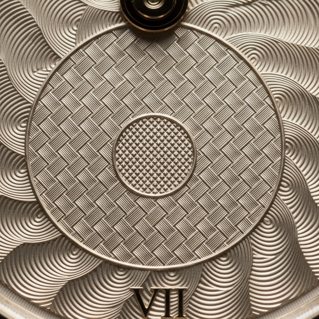 Watch dial guilloché pattern macro, geometric sunburst engraving, gold background, extreme close-up
