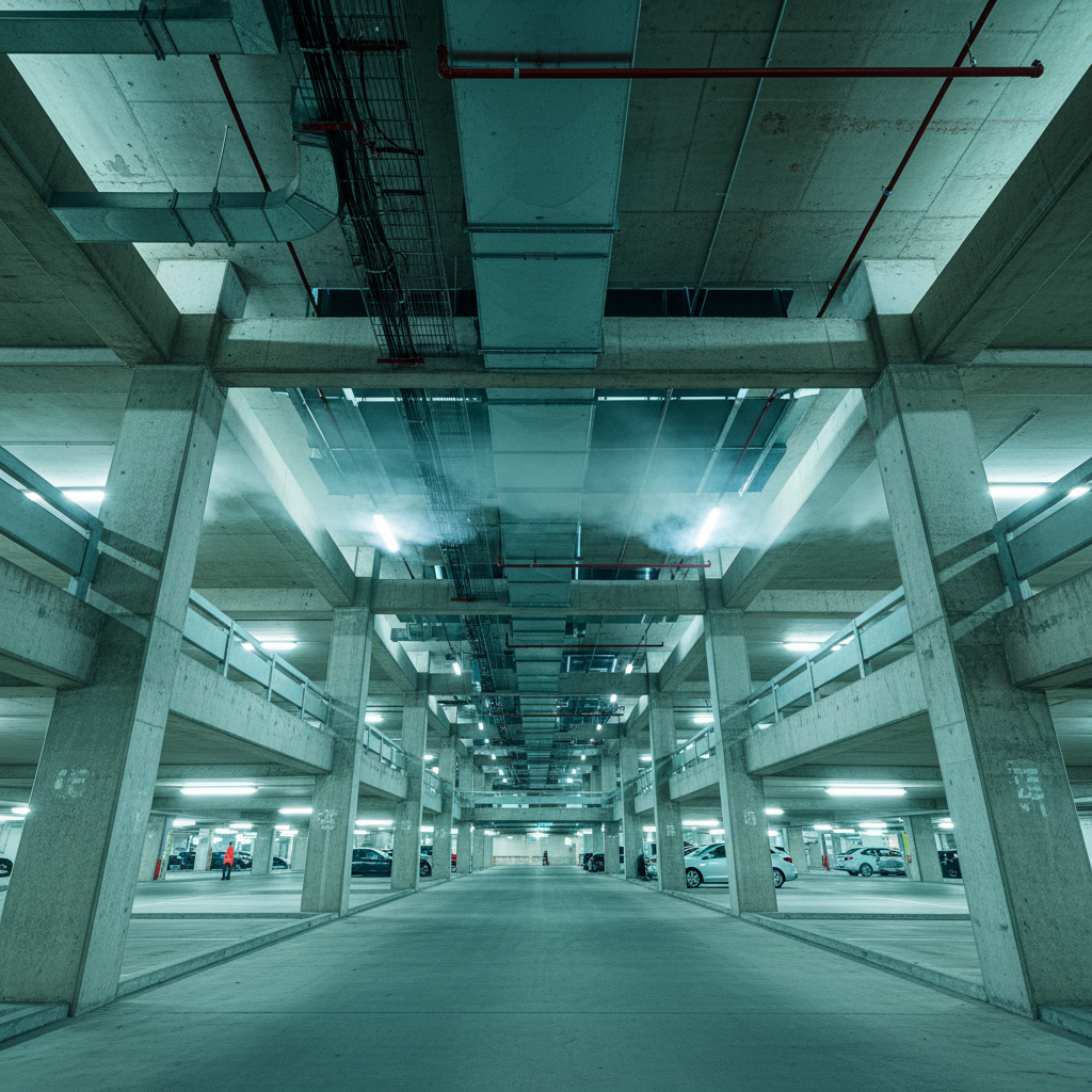 Multi-story parking structure interior showing concrete columns, overhead mechanical systems, and the enclosed ceiling plane that changed the smoke behavior — industrial scale infrastructure