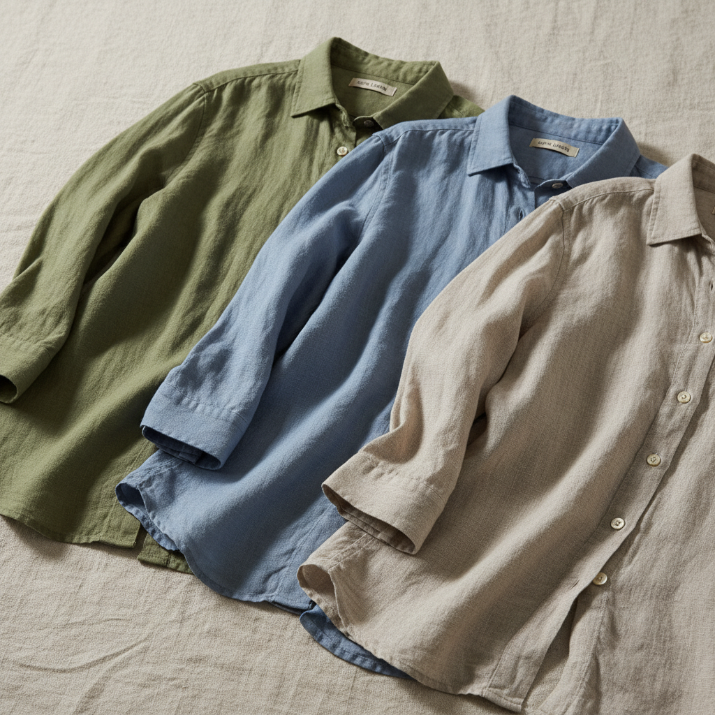 Three folded cotton casual shirts in blue white and grey stacked on surface