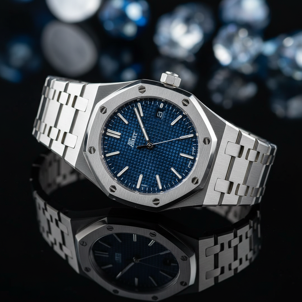 Audemars Piguet Royal Oak watch with blue dial and integrated bracelet