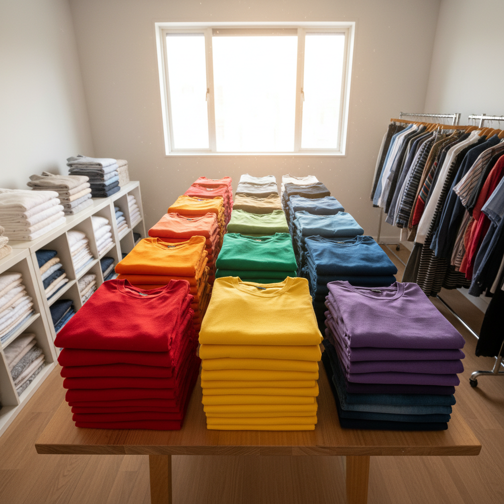 Colorful clothes organized by color in neat stacks showing the before state of laundry