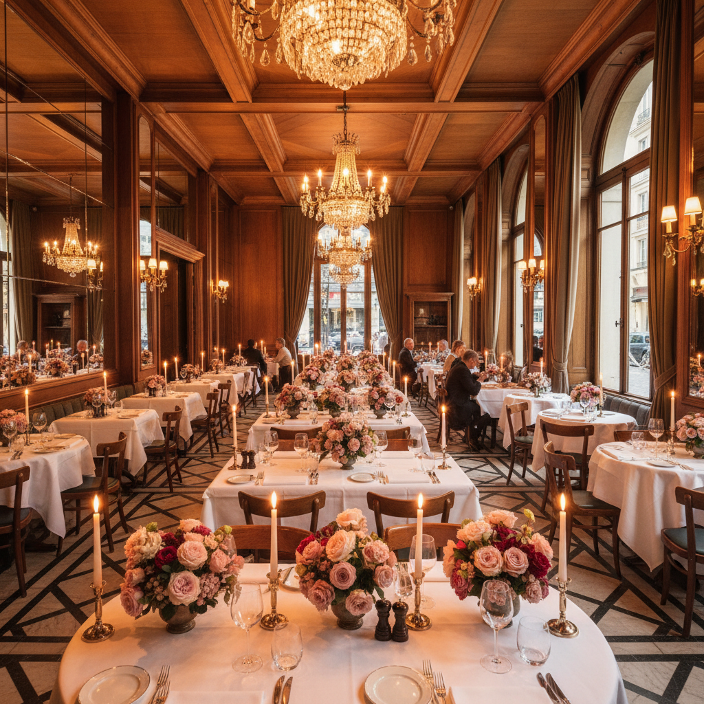 Sfeervol restaurant interieur met kaarsverlichting en elegante inrichting