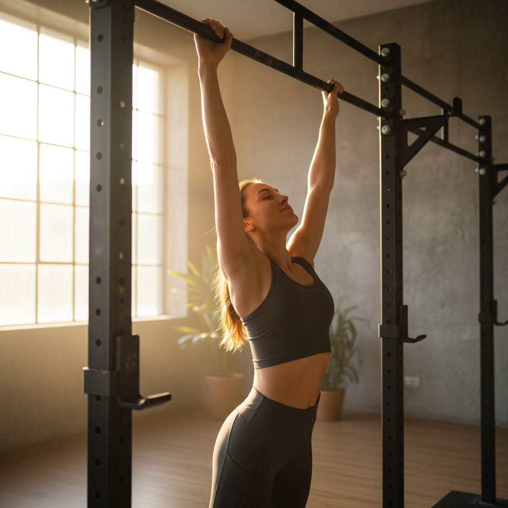 Athletic person stretching after workout in gym, warm amber lighting, focused and calm expression
