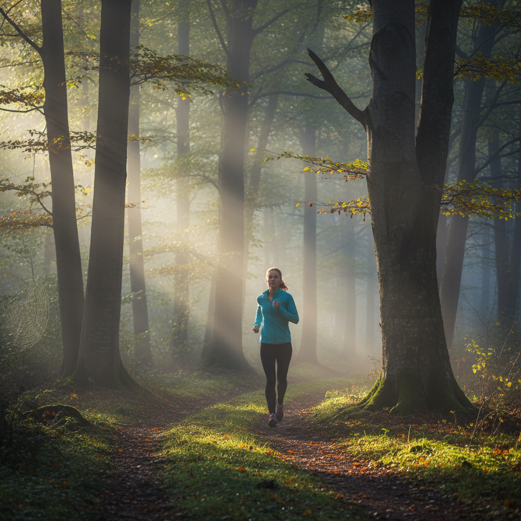 Runner on misty morning trail, peaceful forest path, cool blue tones